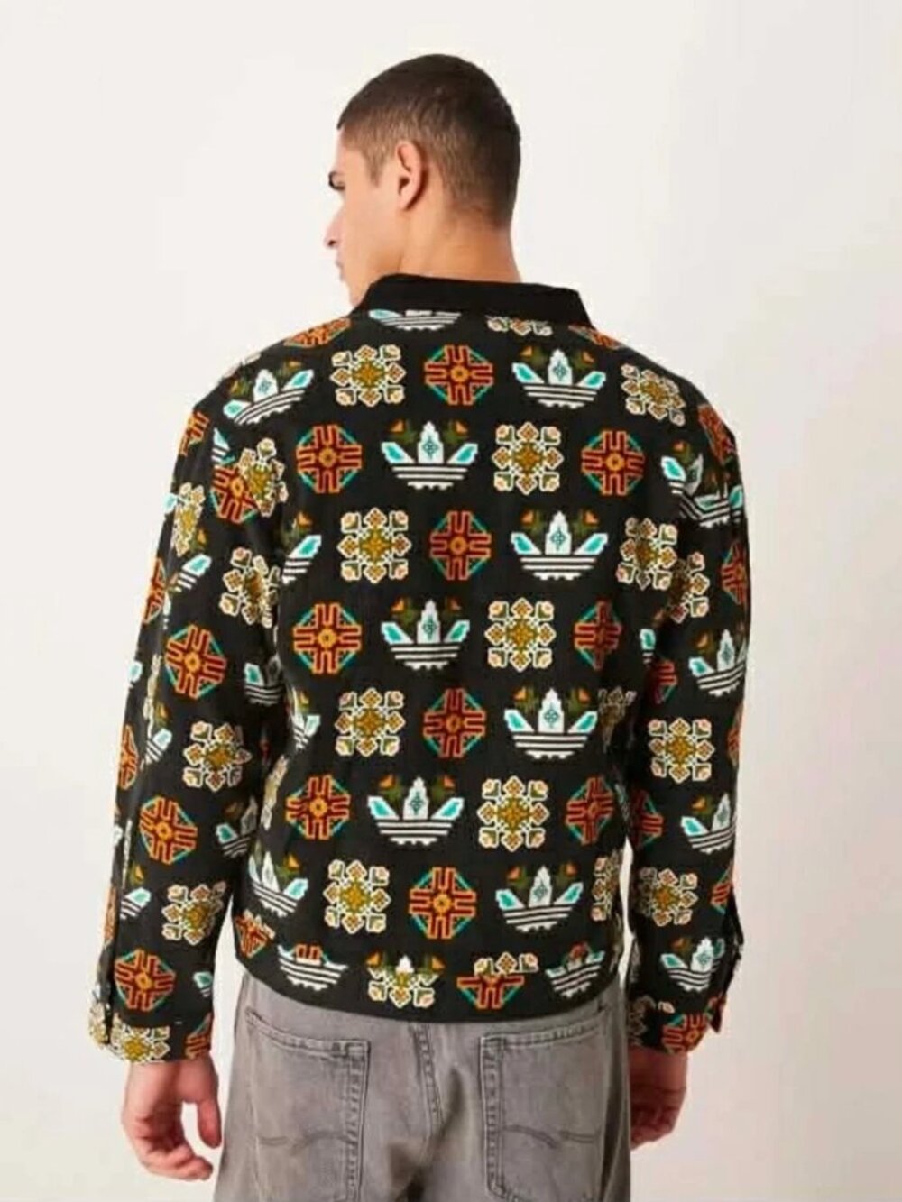 Adidas Black Ccorduroy Monogram Allover Print Loose Coach Jacket M - Picture 3 of 16